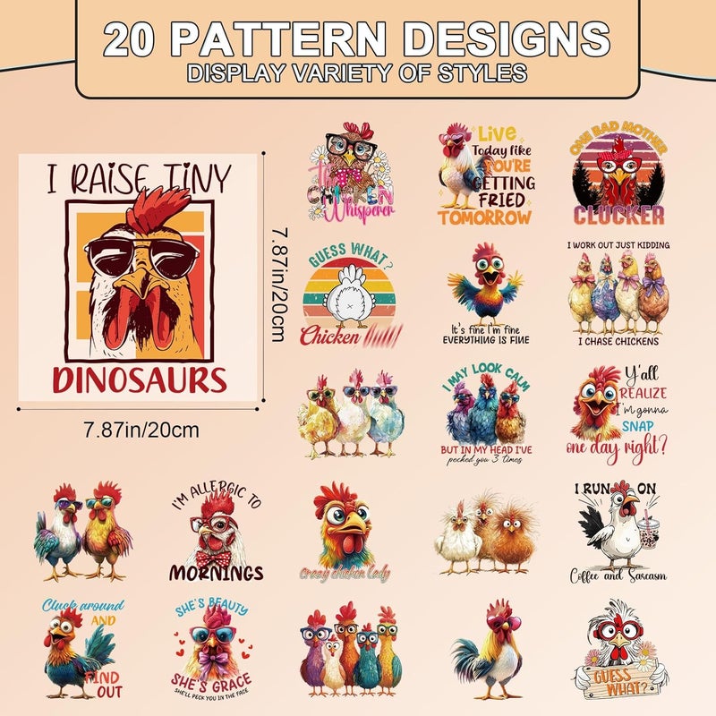 Shejdgart Dtf Transfers Ready to Press - 20 Pcs Funny Chicken Iron on Patches for T-Shirts, Farmhouse Humorous Sarcastic Heat Transfer Vinyl Stickers, Iron on Decals for DIY Clothes Bag Fabric Décor - Image 2